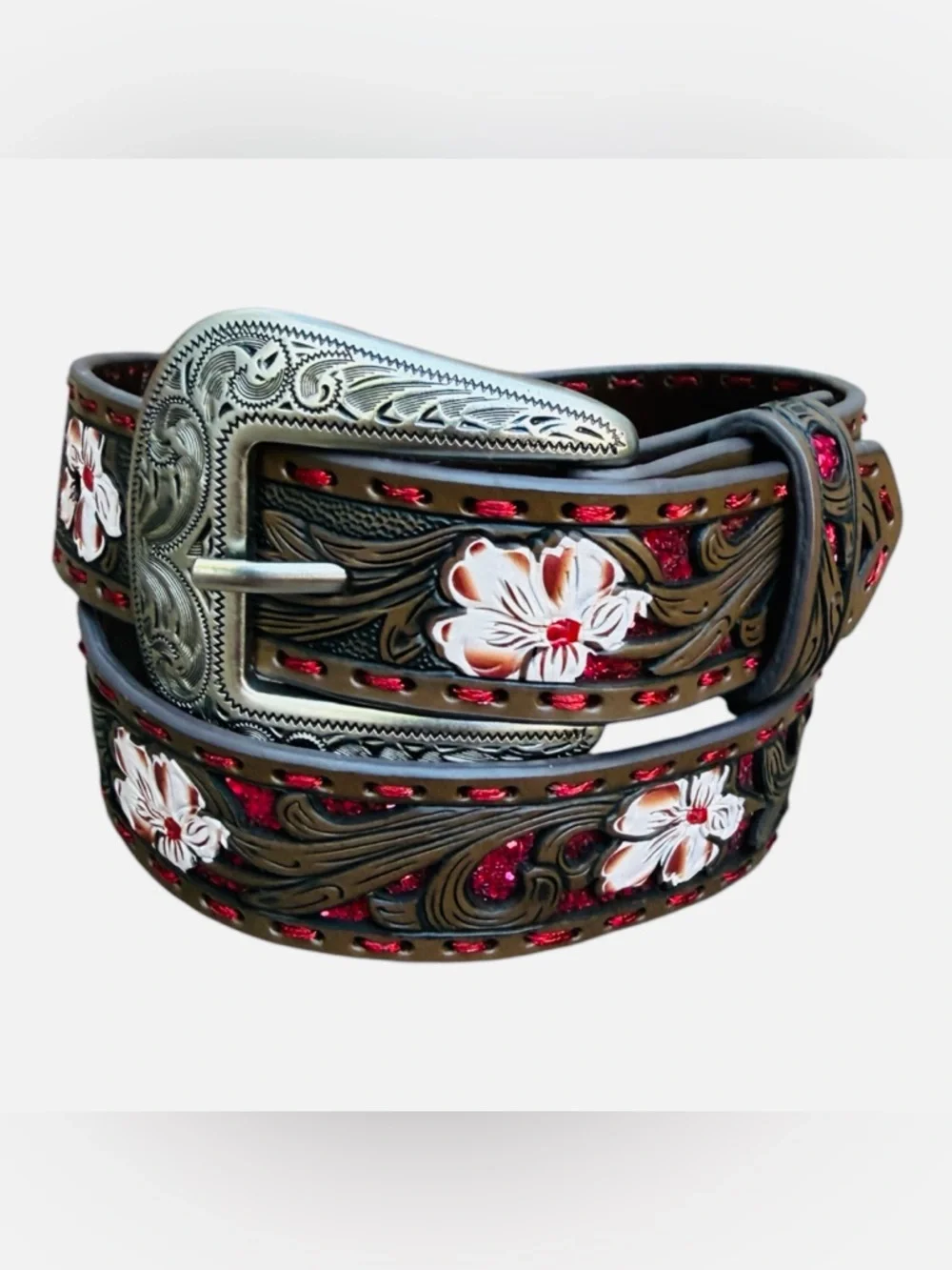Shyanne Girl’s 26 Tooled Leather Pink Floral Glitter Underlay Western Belt NWOT